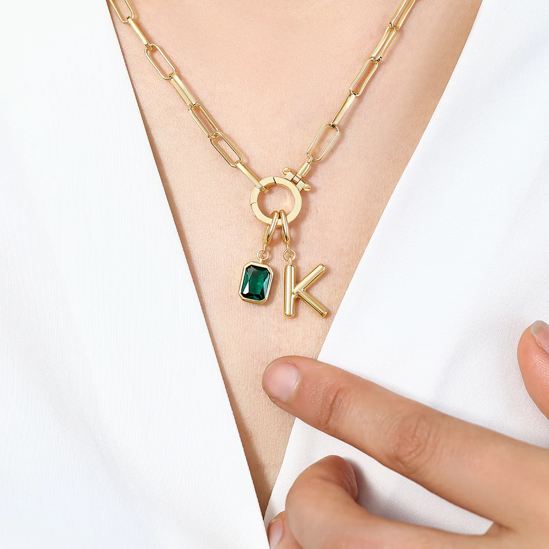 Mint Paperclip Necklace with Initial & Birthstone Charm