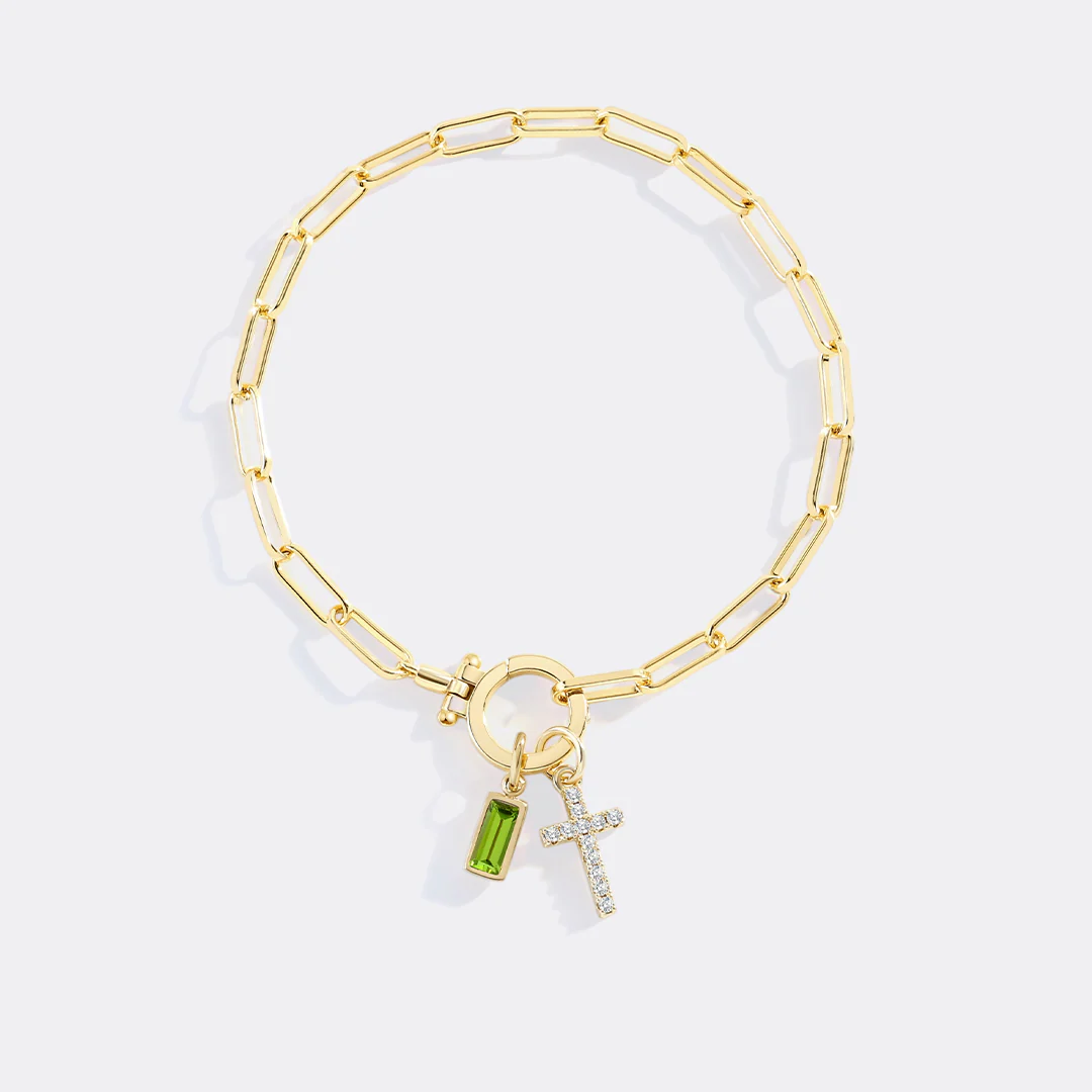Cross Charm Birthstone Paperclip Bracelet