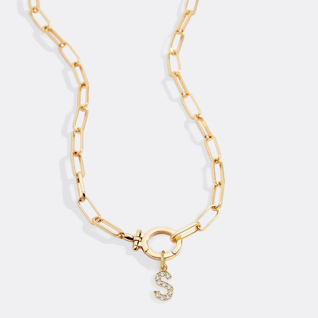 Mint Paperclip Necklace with Pave Initial Charm