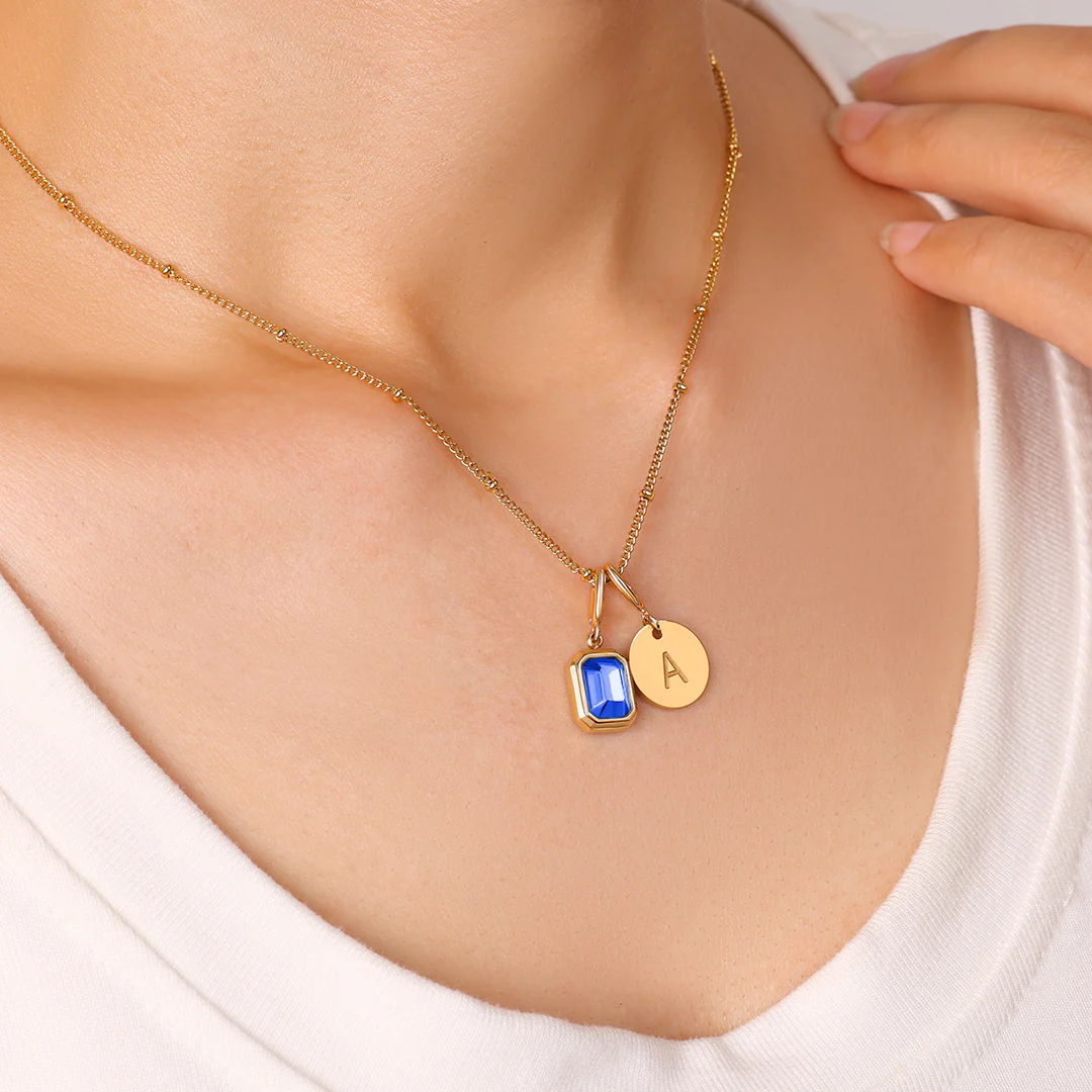 Baguette Birthstone & Initial Necklace