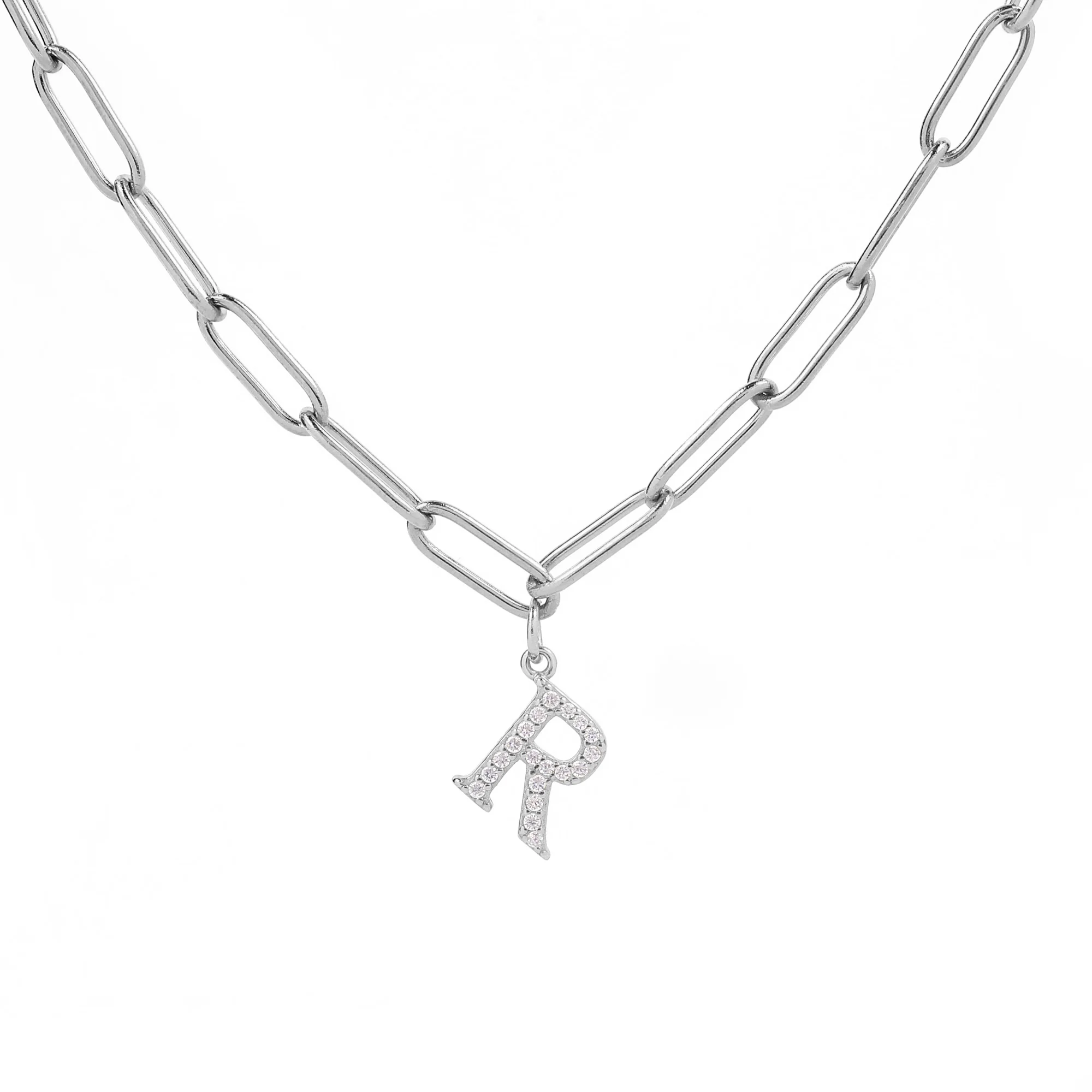 Diamond Letter Pendant Necklace with Paperclip Chain