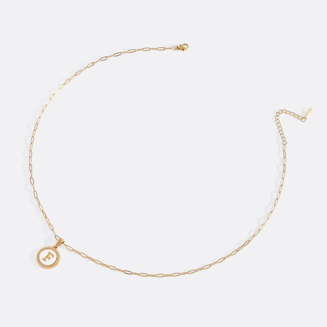 Mother of Pearl Disc Letter Necklace with Paperclip Chain