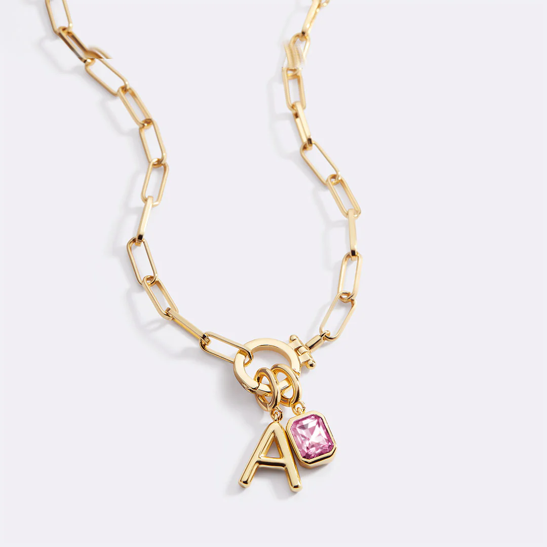 Mint Paperclip Necklace with Initial & Birthstone Charm