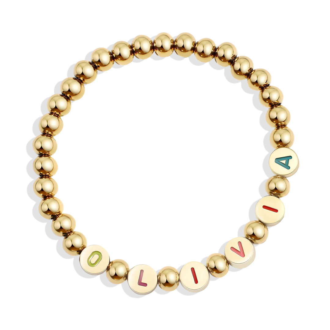 Custom Rainbow Letter Gold Disc Beaded Bracelet