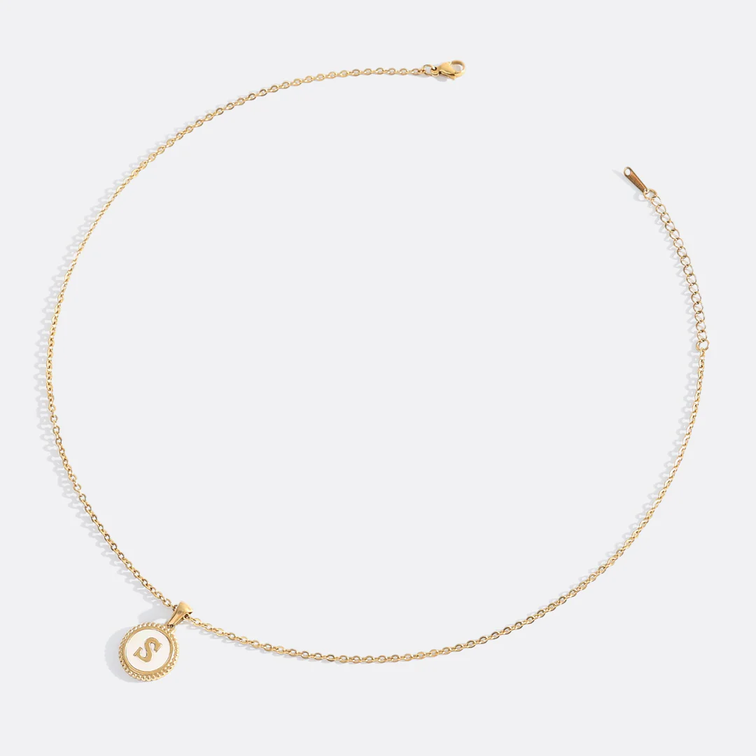 Mother of Pearl Disc Letter Necklace with Cable Chain