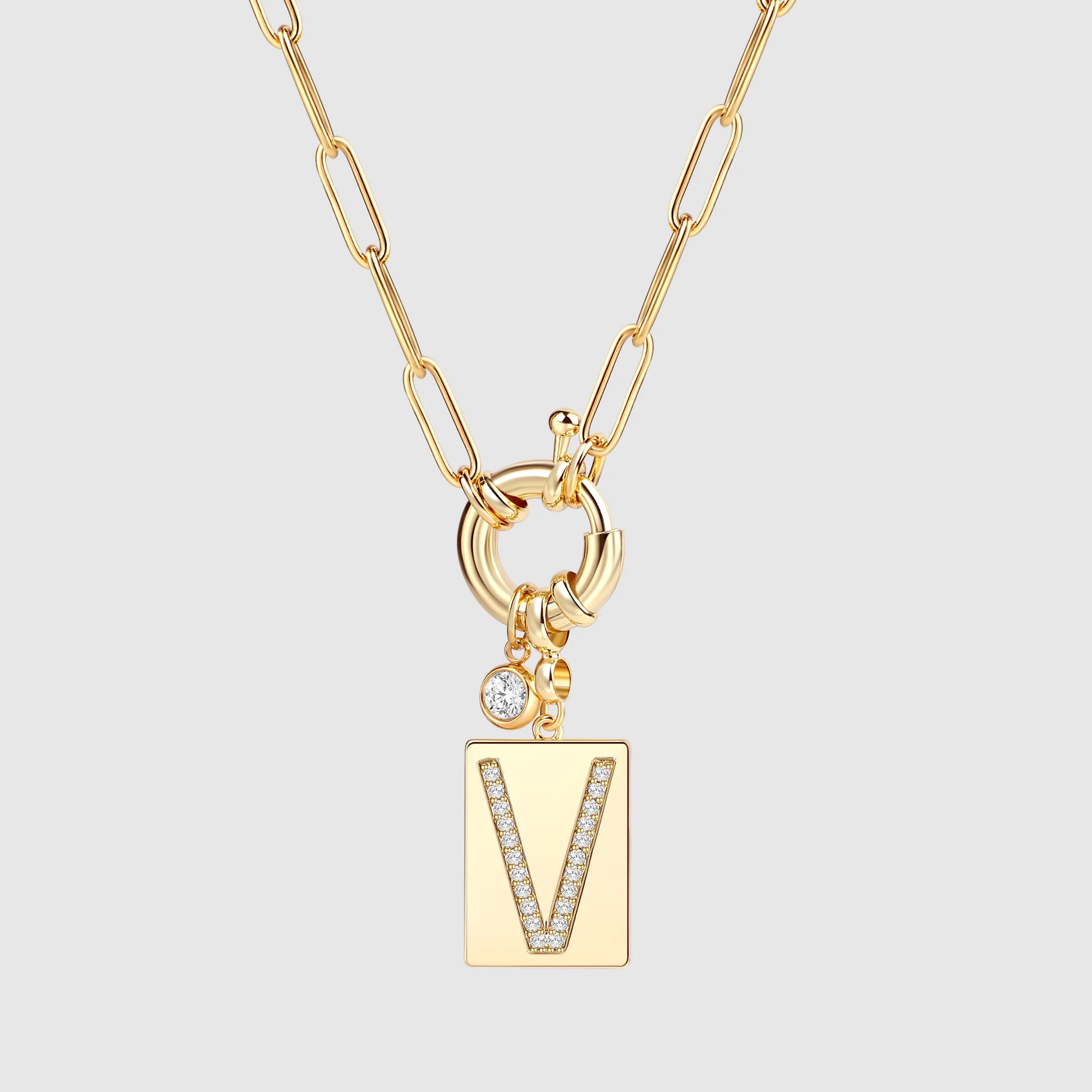 Pave Initial Pendant Necklace with Paperclip Chain