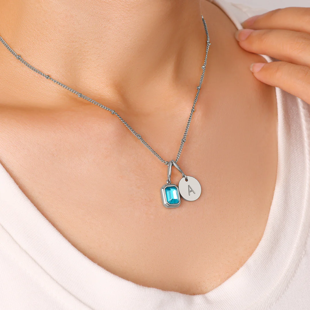 Baguette Birthstone & Initial Necklace