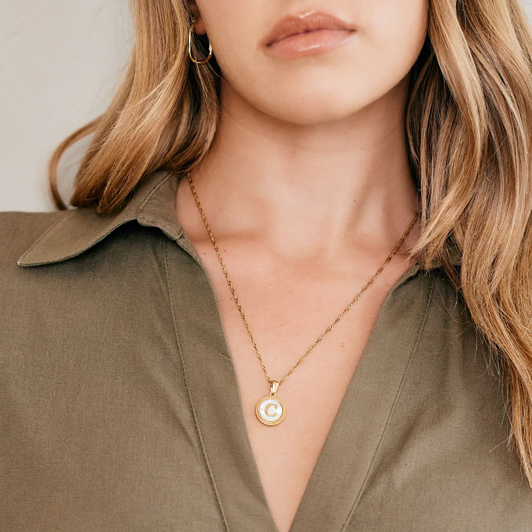 Mother of Pearl Disc Letter Necklace with Twist Chain