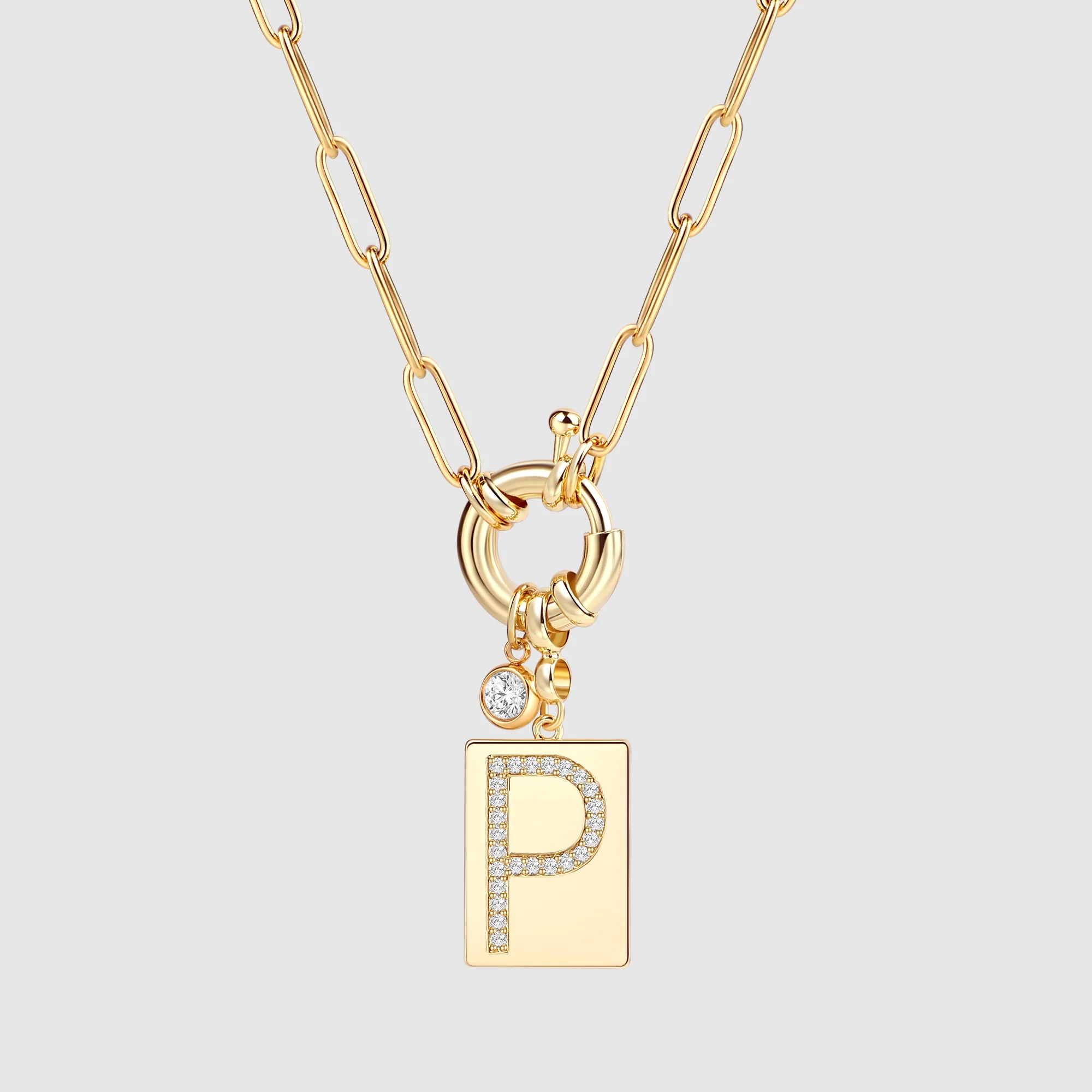Pave Initial Pendant Necklace with Paperclip Chain