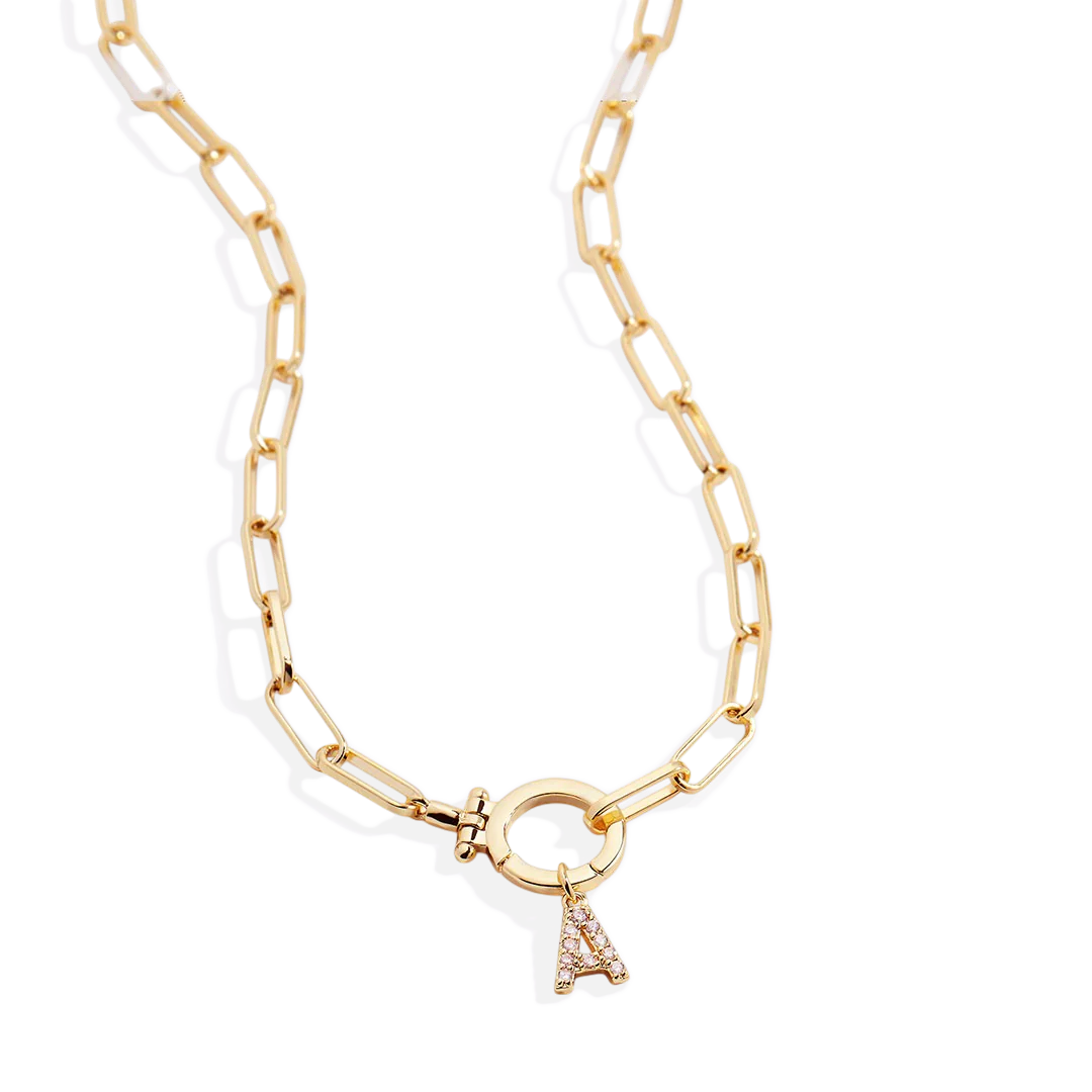 Mint Paperclip Necklace with Pave Initial Charm