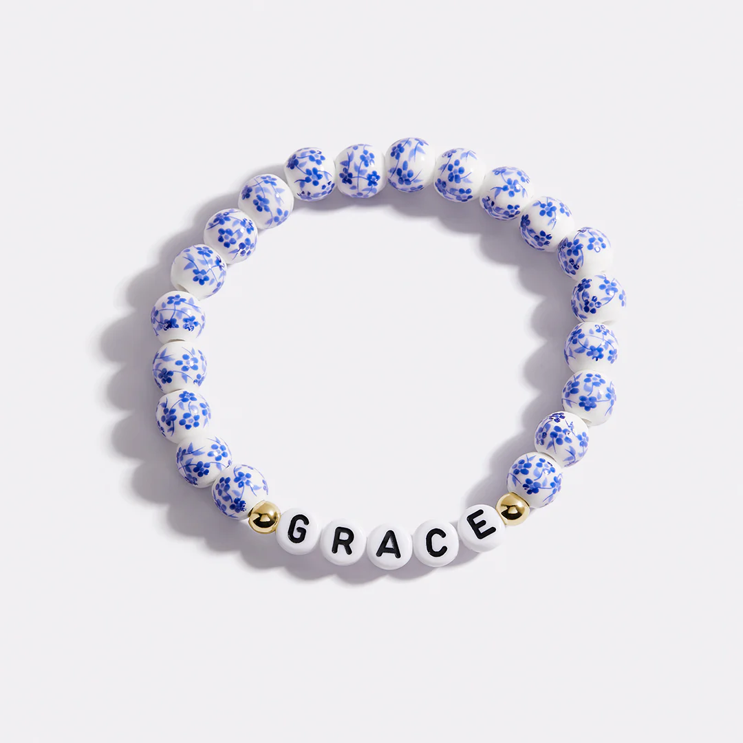 Custom Name Blue Porcelain Floral Beaded Bracelet