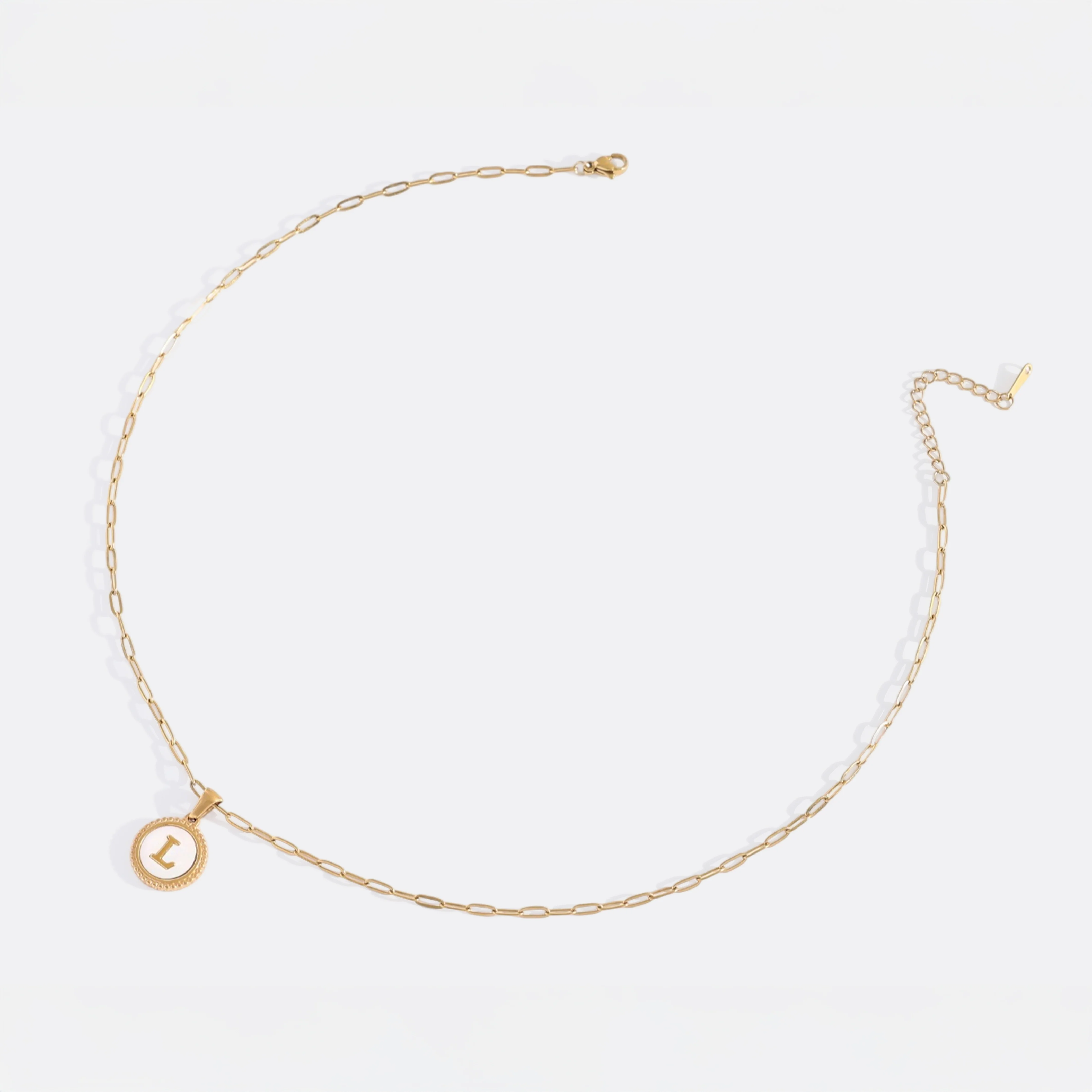 Mother of Pearl Disc Letter Necklace with Paperclip Chain
