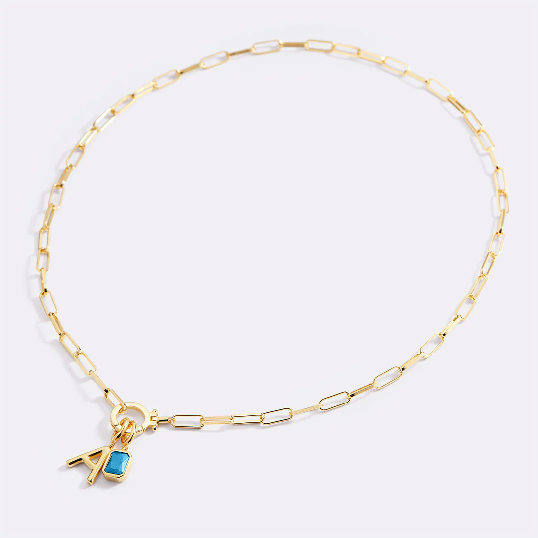 Mint Paperclip Necklace with Initial & Birthstone Charm