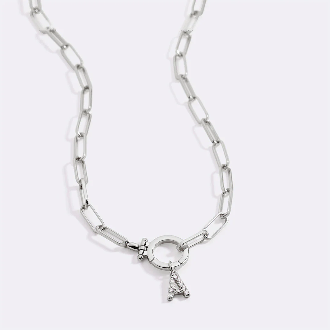 Mint Paperclip Necklace with Pave Initial Charm