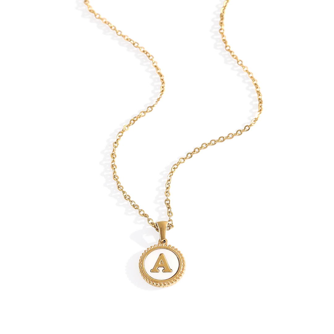 Mother of Pearl Disc Letter Necklace with Cable Chain
