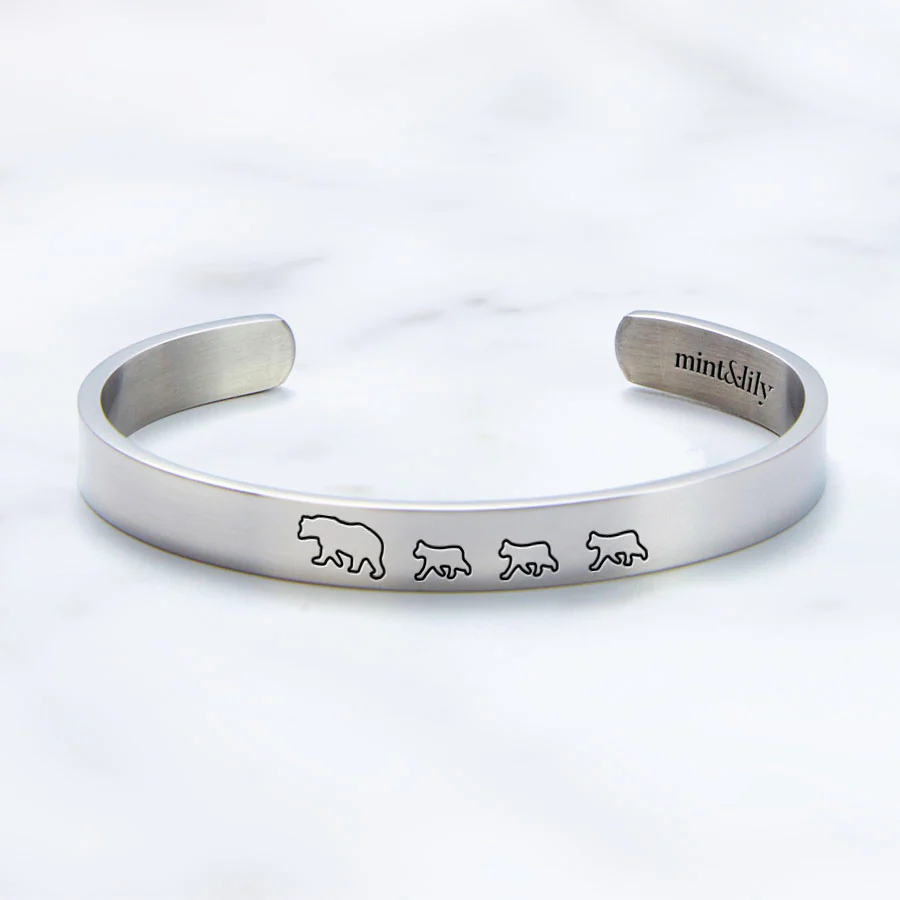 Mama Bear & Her Baby Bears Engraved Cuff Bracelet