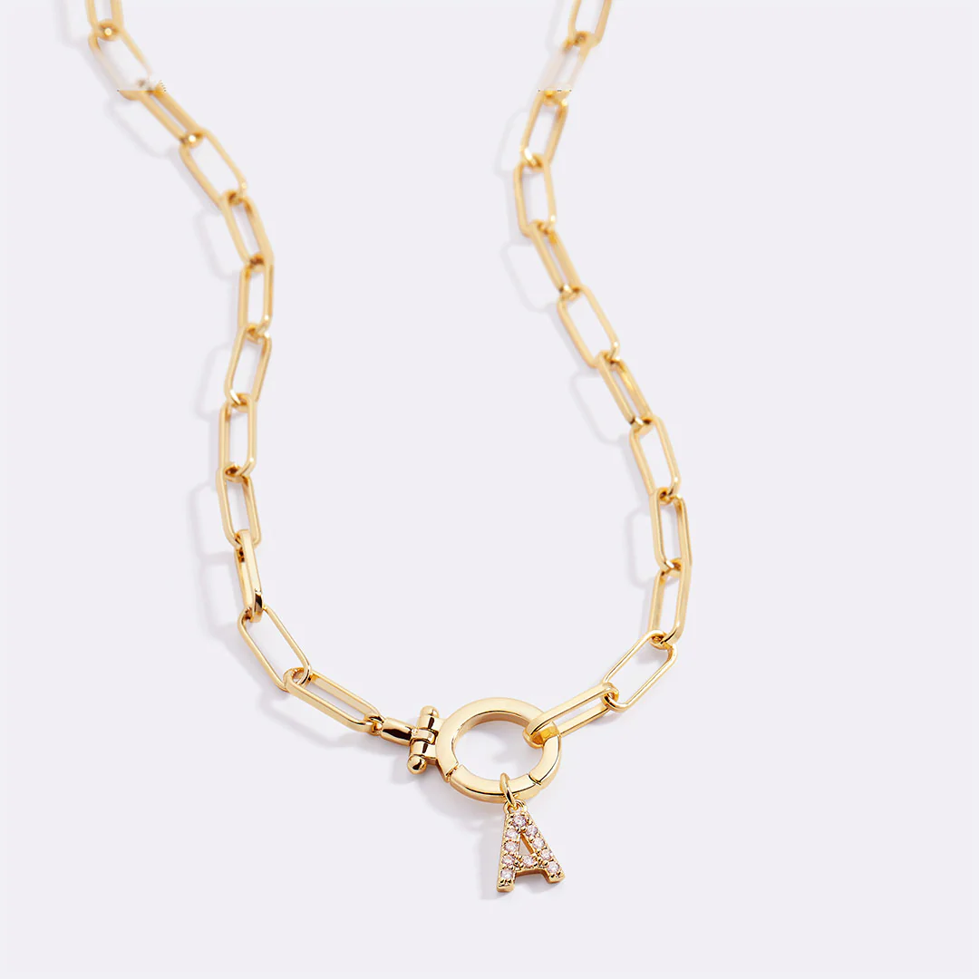 Mint Paperclip Necklace with Pave Initial Charm