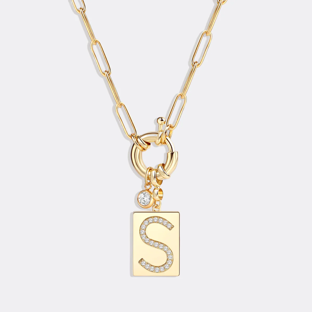 Pave Initial Pendant Necklace with Paperclip Chain