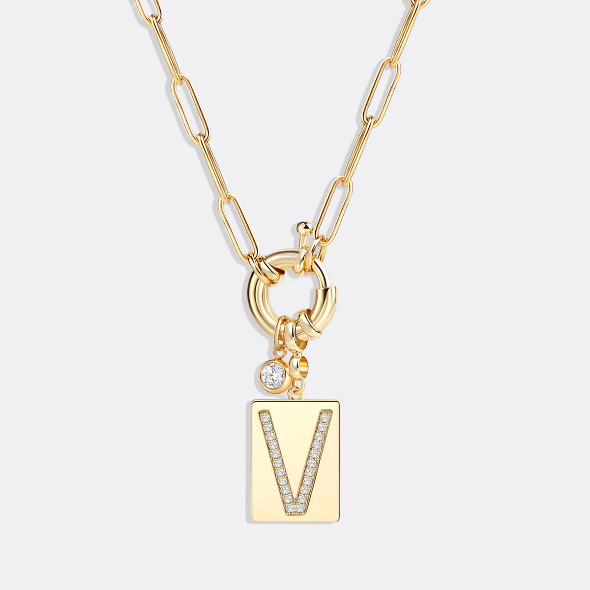 Pave Initial Pendant Necklace with Paperclip Chain