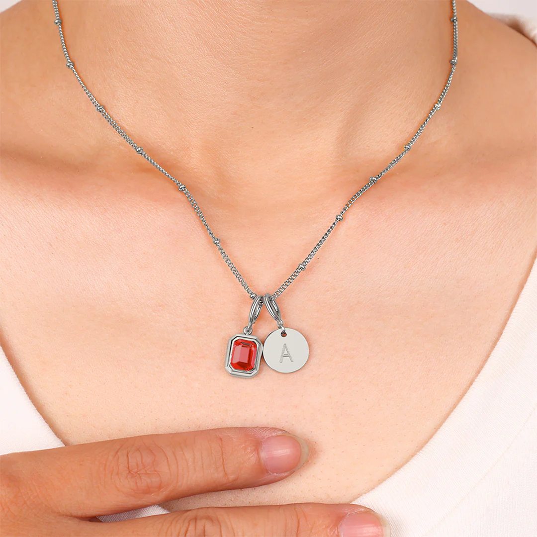 Baguette Birthstone & Initial Necklace