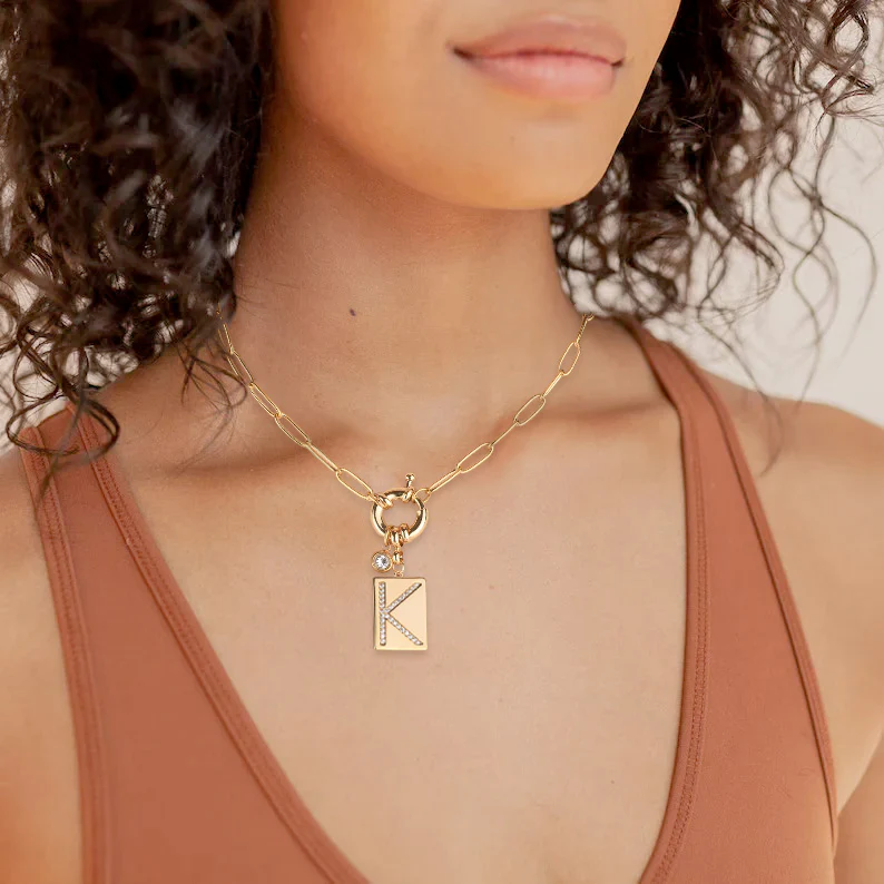 Pave Initial Pendant Necklace with Paperclip Chain