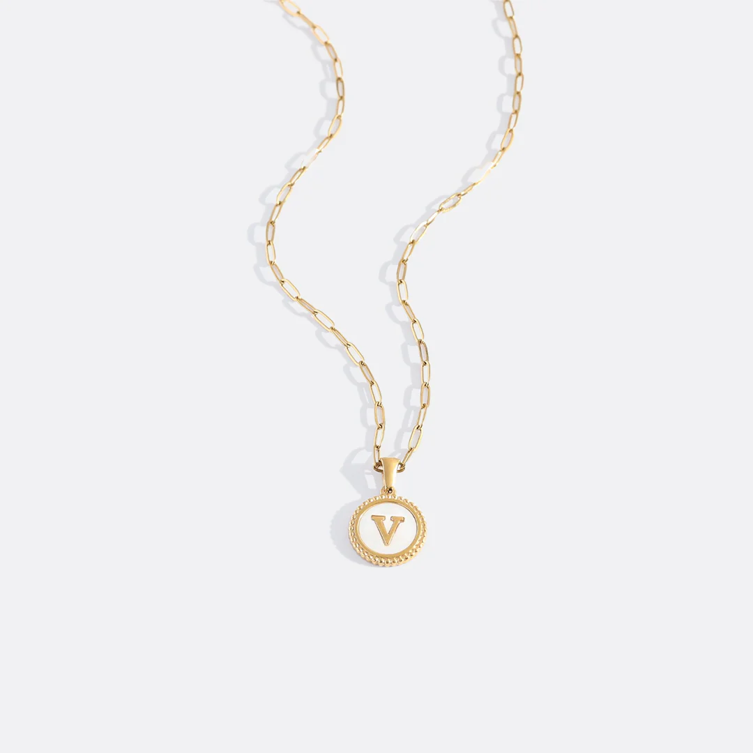 Mother of Pearl Disc Letter Necklace with Paperclip Chain