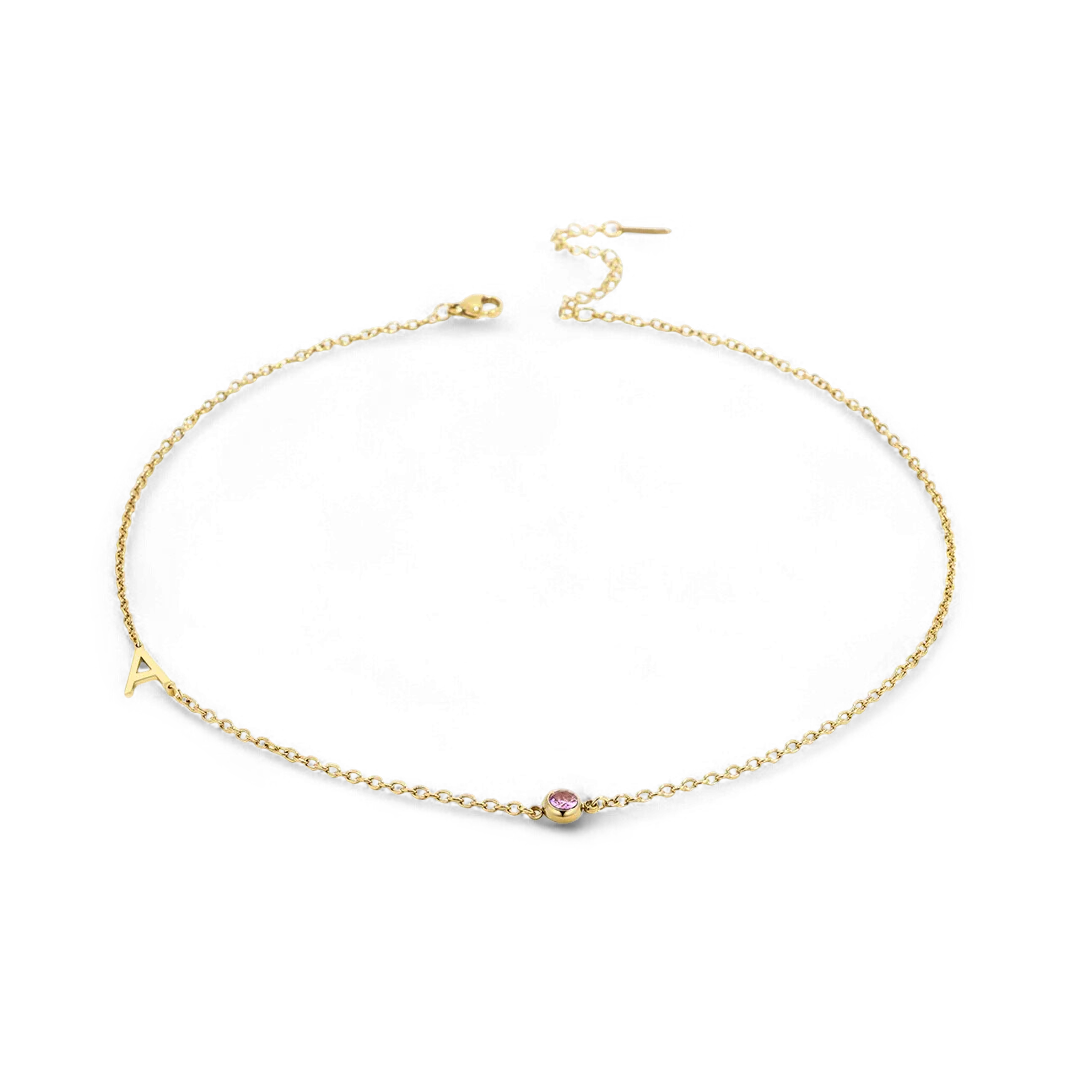 Initial Necklace with Birthstone Accent
