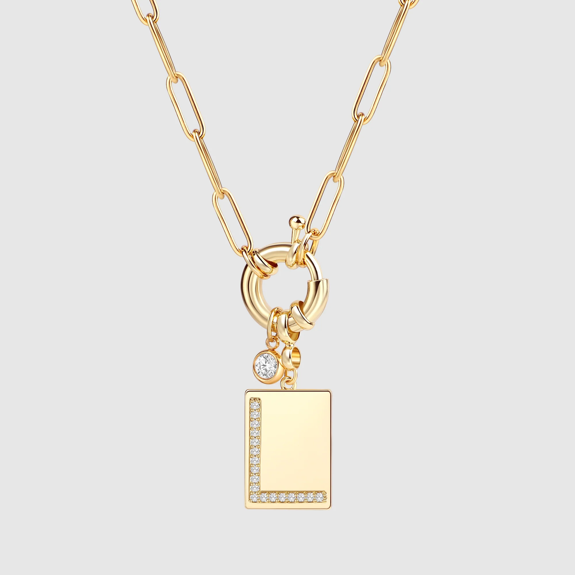 Pave Initial Pendant Necklace with Paperclip Chain