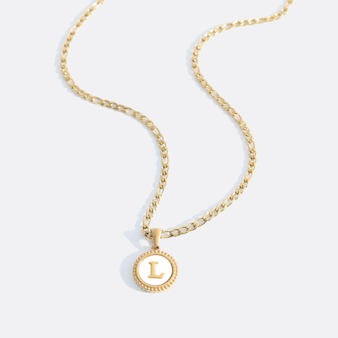 Mother of Pearl Disc Letter Necklace with Figaro Chain