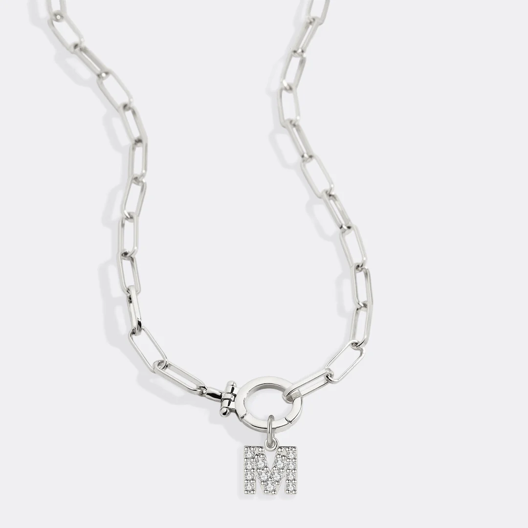 Mint Paperclip Necklace with Pave Initial Charm