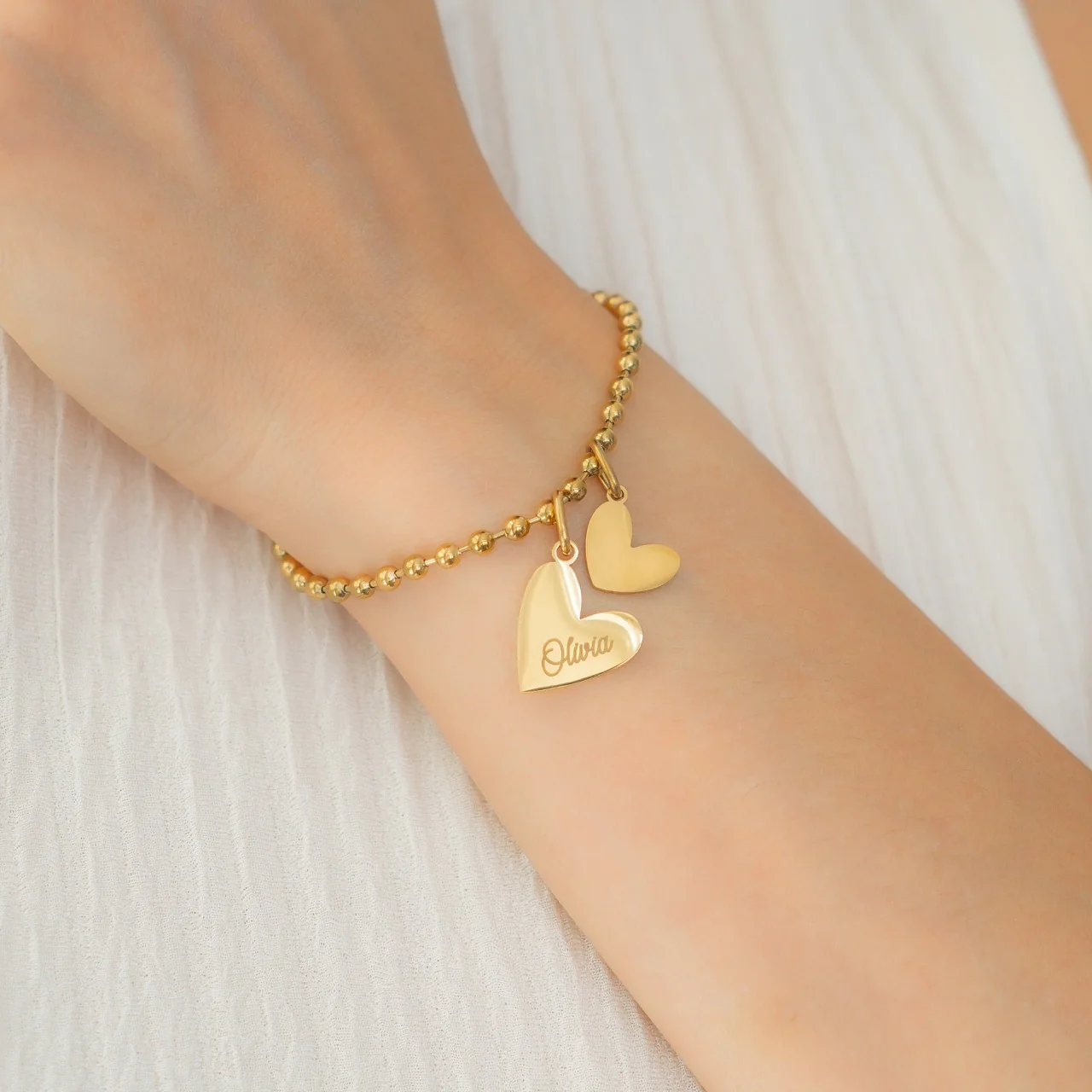 Personalized Beaded Double Heart Charm Bracelet