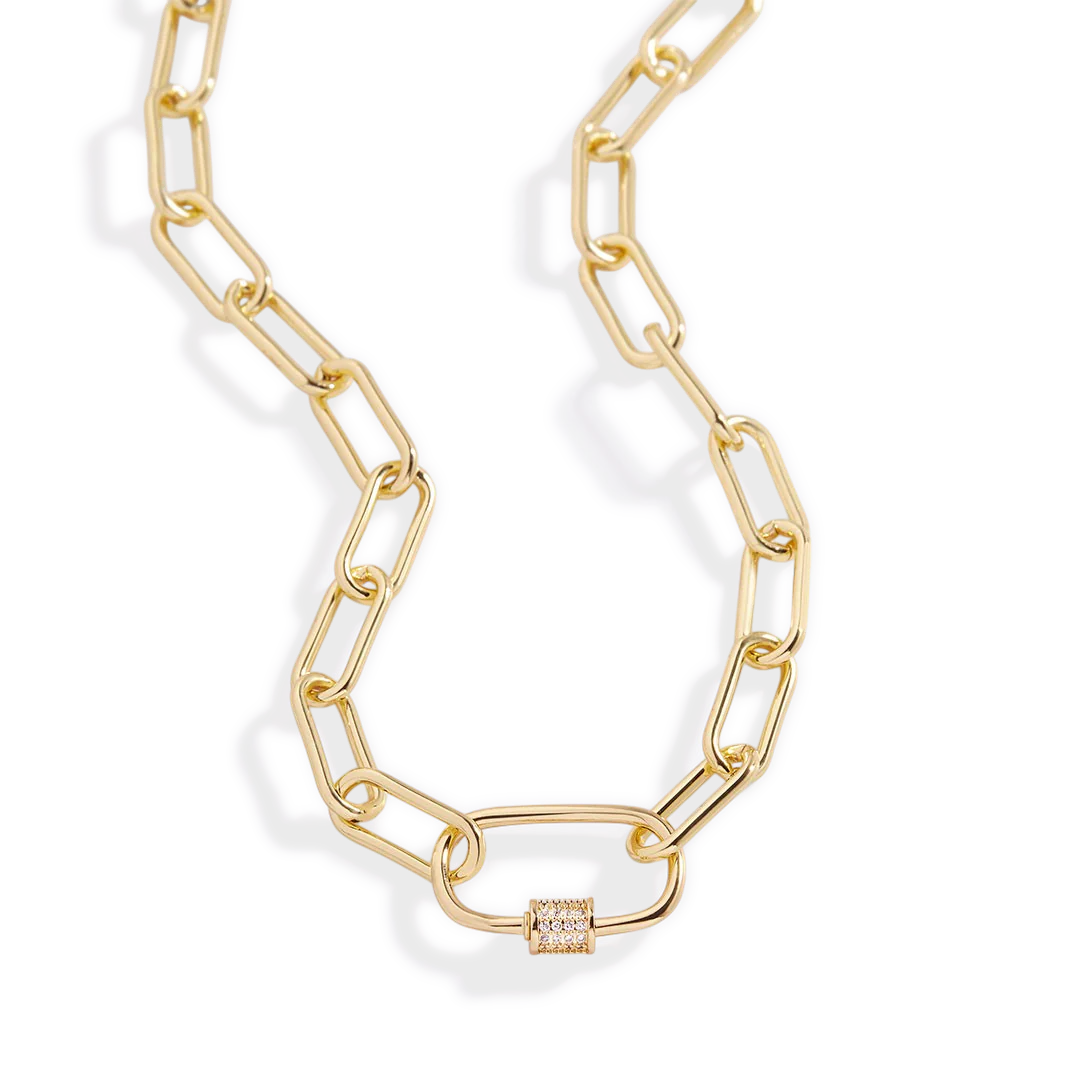 Link Chain Necklace with Pave Carabiner Clasp
