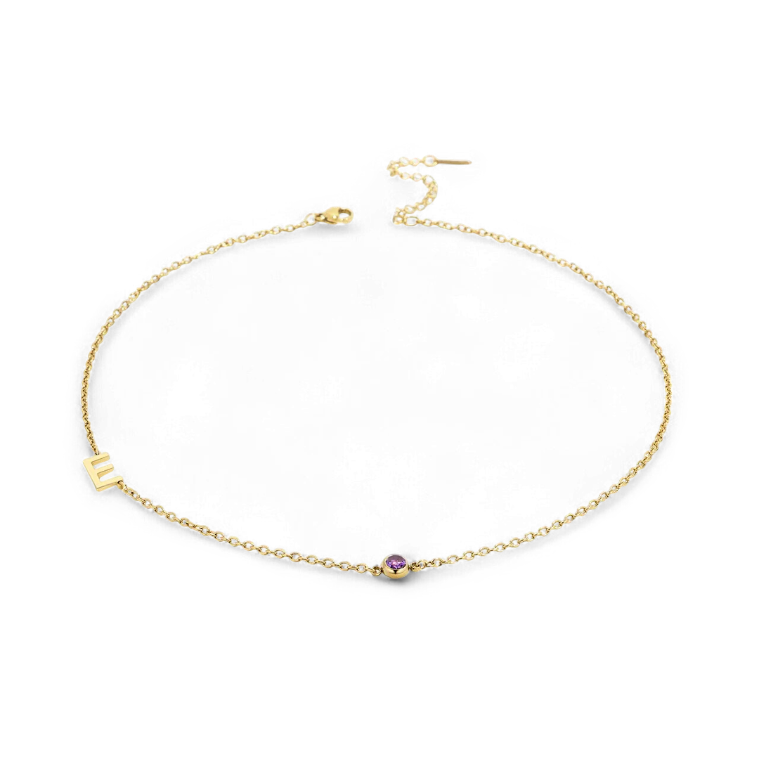 Initial Necklace with Birthstone Accent