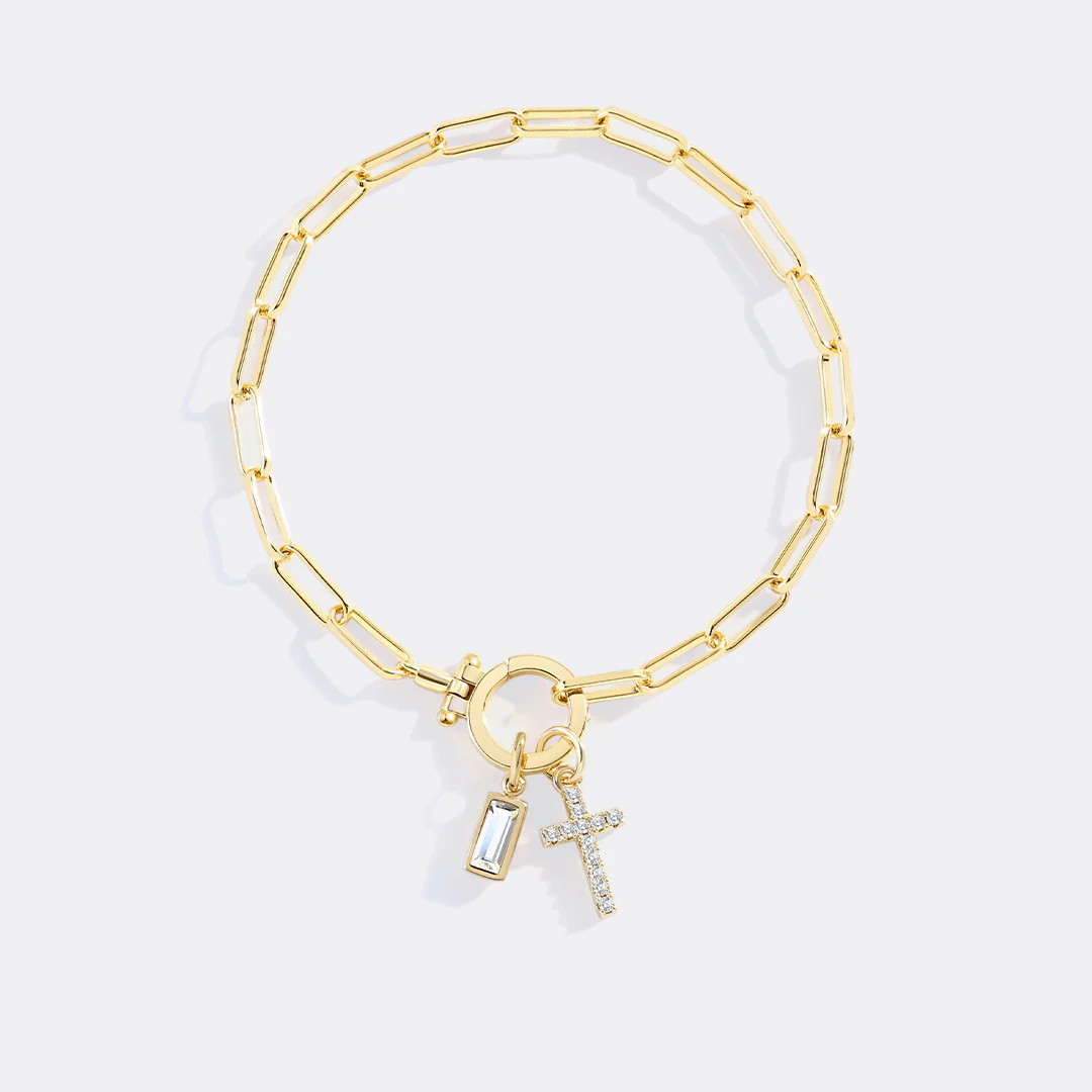 Cross Charm Birthstone Paperclip Bracelet