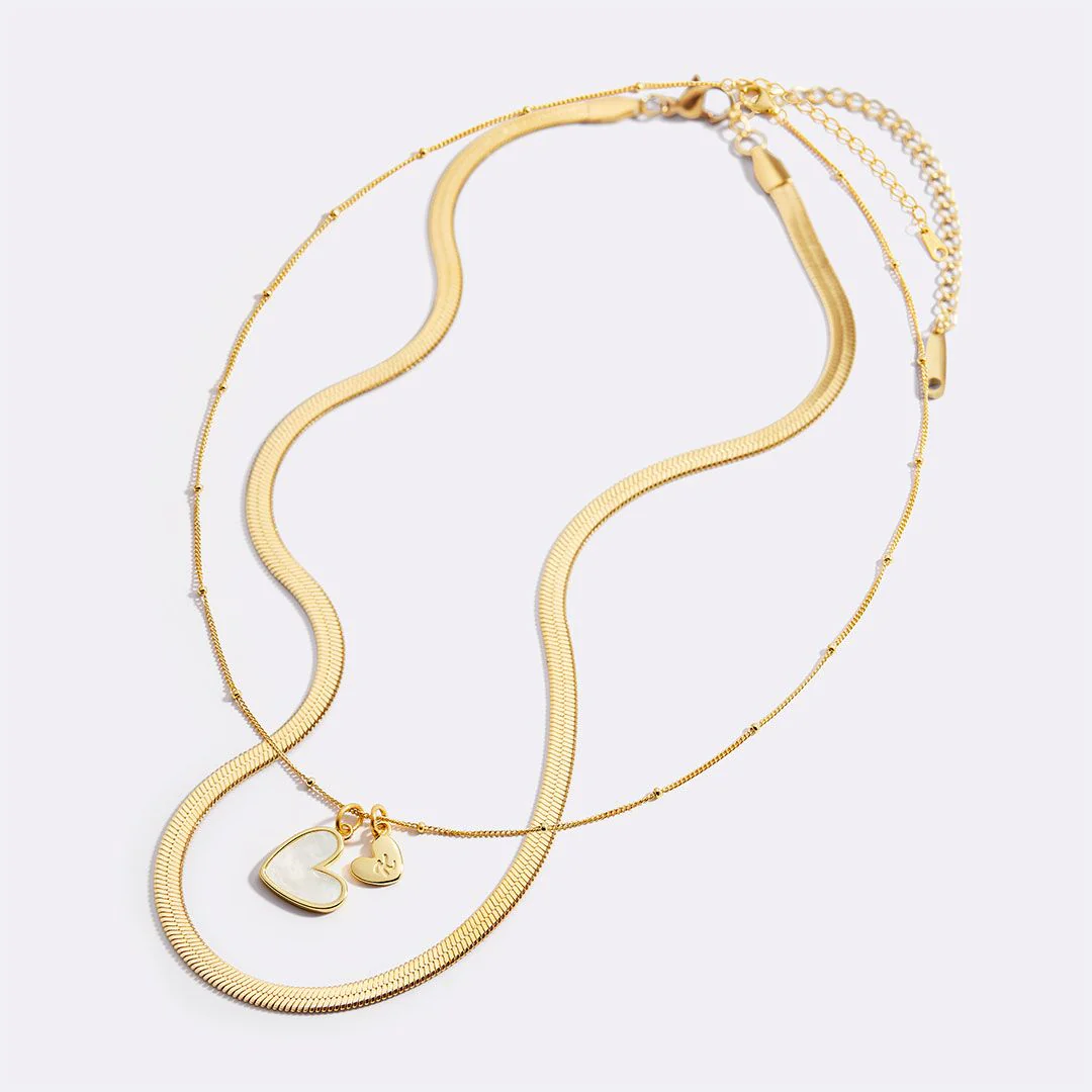 Mother Of Pearl Initial Heart & Herringbone Necklace Set