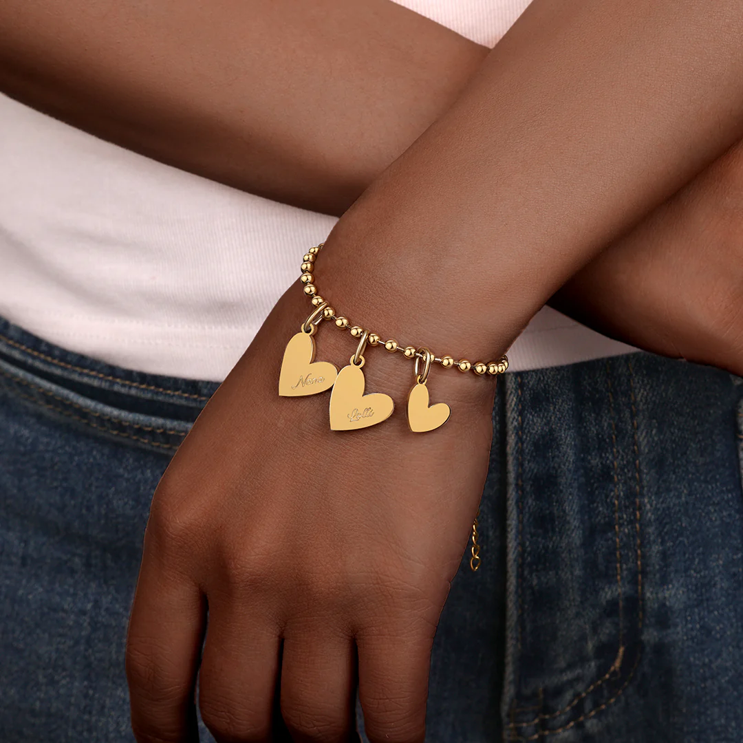 Personalized Beaded Double Heart Charm Bracelet