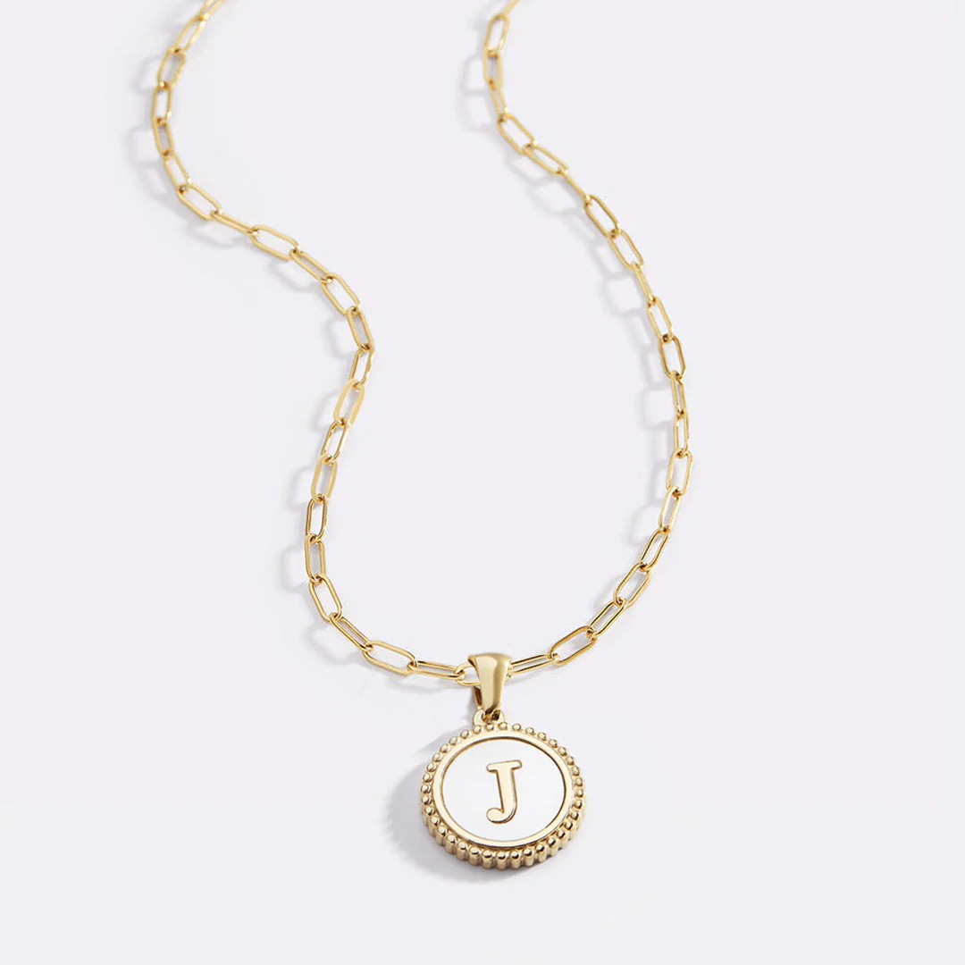 Mother of Pearl Disc Letter Necklace with Paperclip Chain