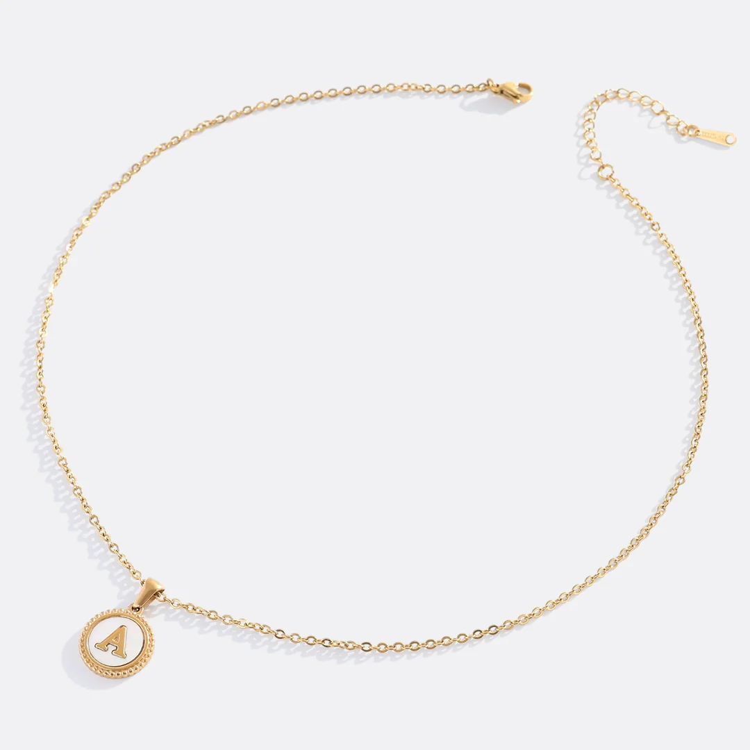 Mother of Pearl Disc Letter Necklace with Cable Chain