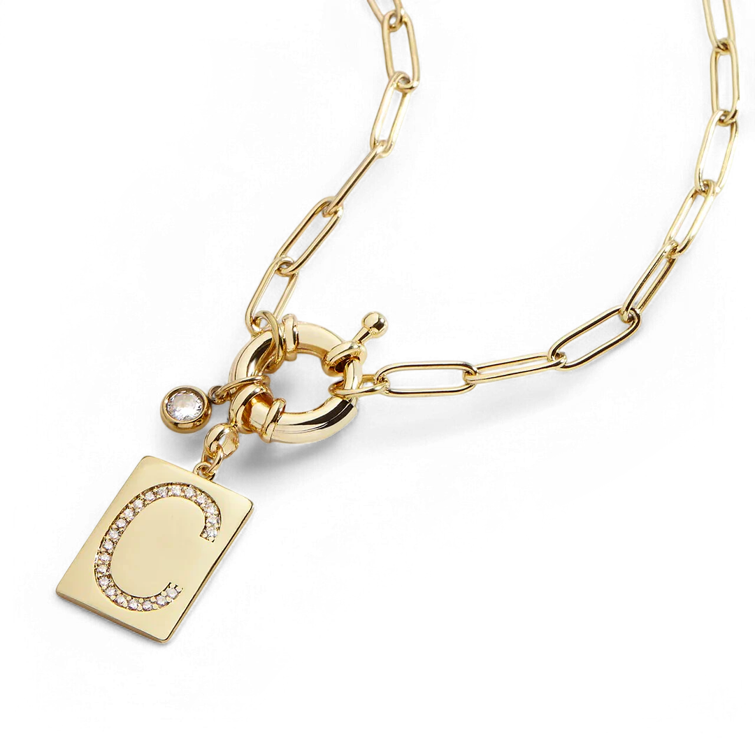 Pave Initial Pendant Necklace with Paperclip Chain