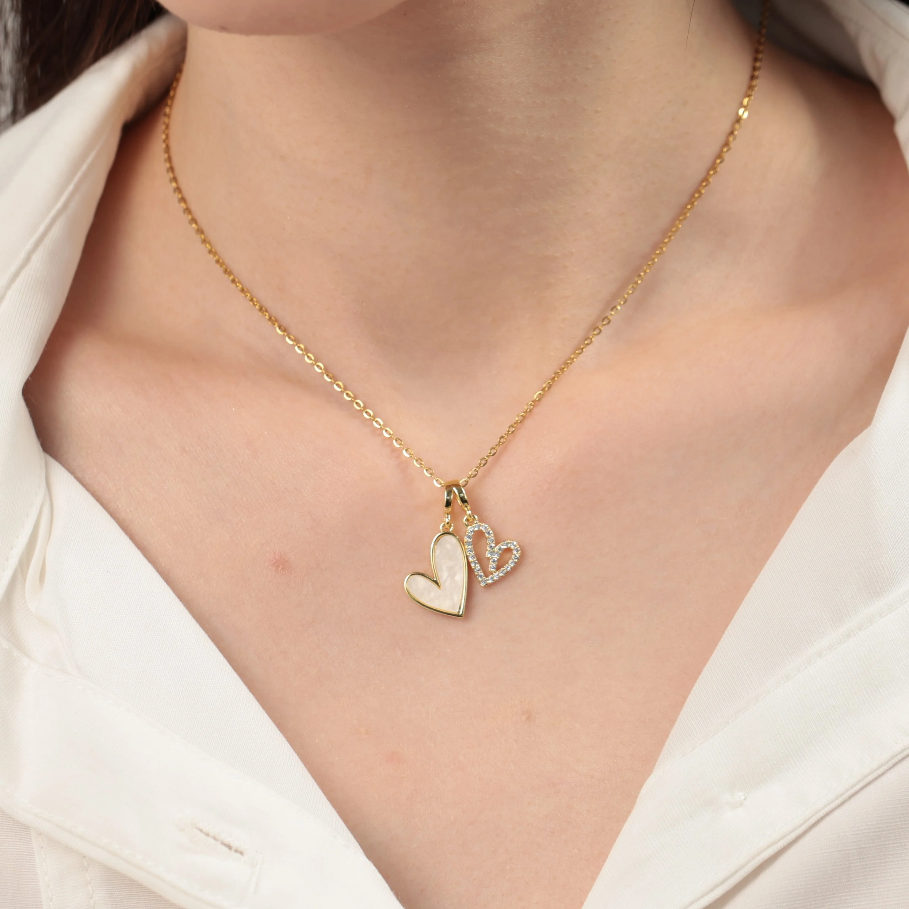 Mother of Pearl & Pave Hearts Necklace