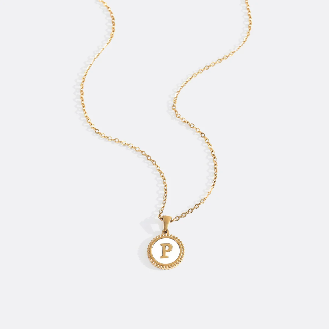 Mother of Pearl Disc Letter Necklace with Cable Chain