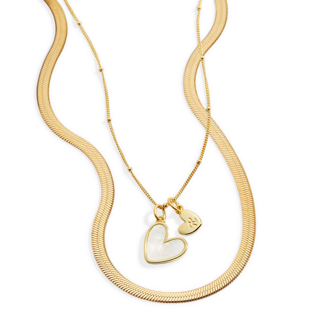 Mother Of Pearl Initial Heart & Herringbone Necklace Set