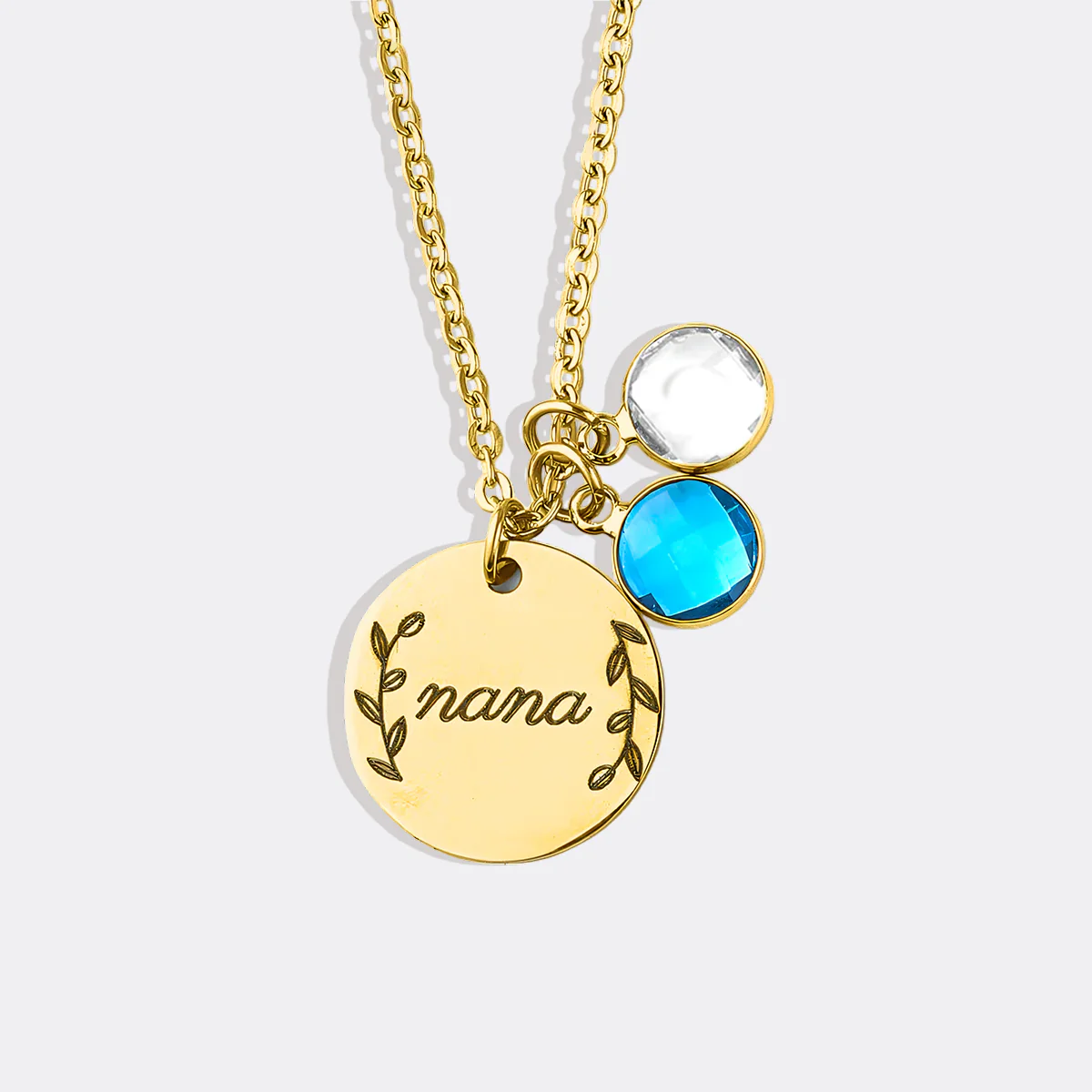 Engraved Birthstone Pendant Necklace with Leaves