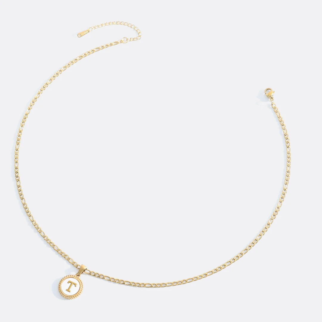 Mother of Pearl Disc Letter Necklace with Figaro Chain