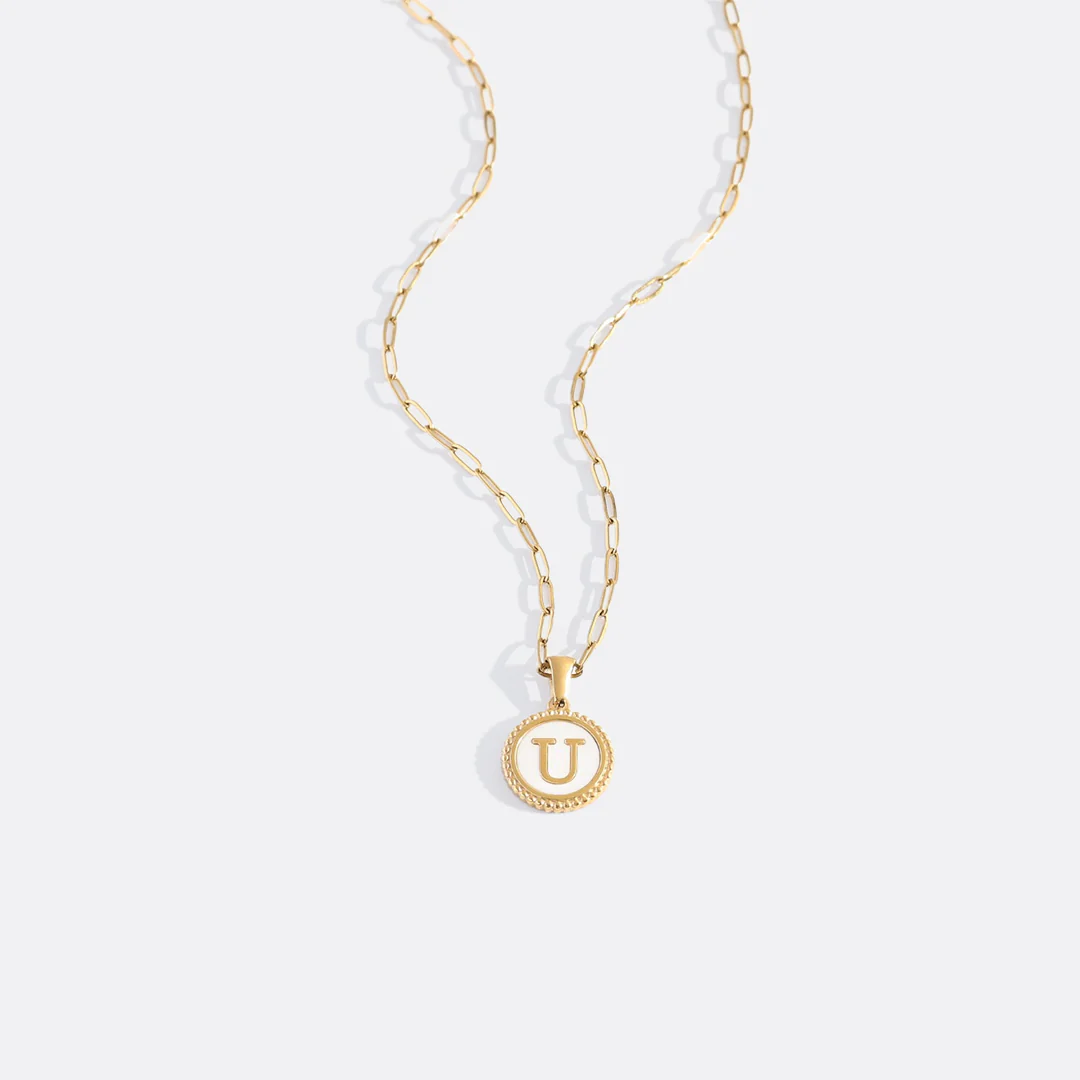 Mother of Pearl Disc Letter Necklace with Paperclip Chain
