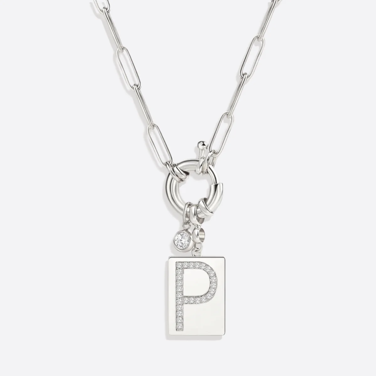 Pave Initial Pendant Necklace with Paperclip Chain