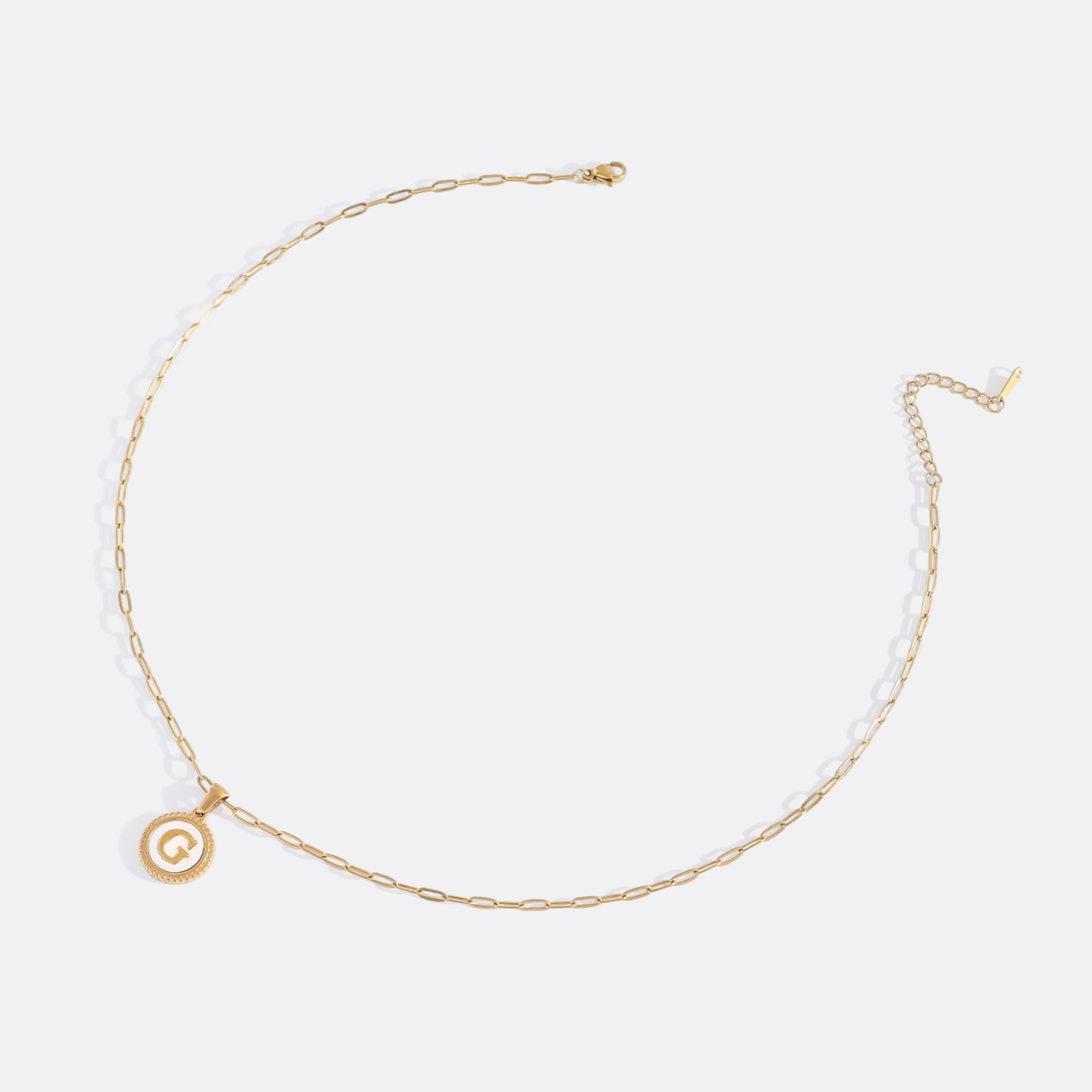 Mother of Pearl Disc Letter Necklace with Paperclip Chain