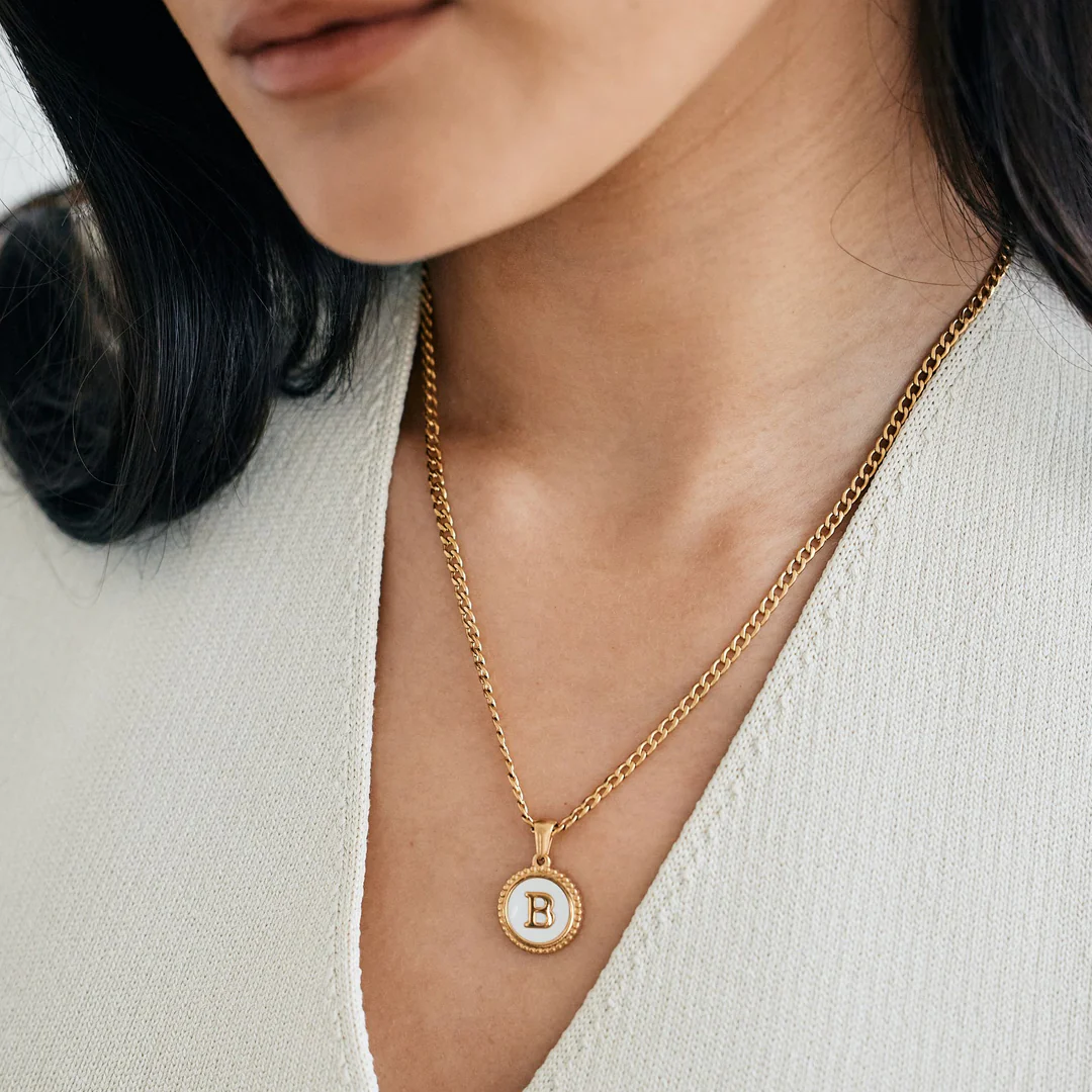 Mother of Pearl Disc Letter Necklace with Cuban Chain