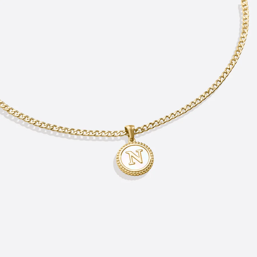 Mother of Pearl Disc Letter Necklace with Cuban Chain