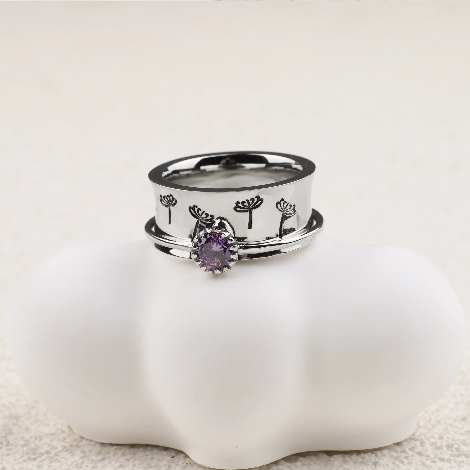 Silver Dandelion Birthstone Spinning Fidget Ring